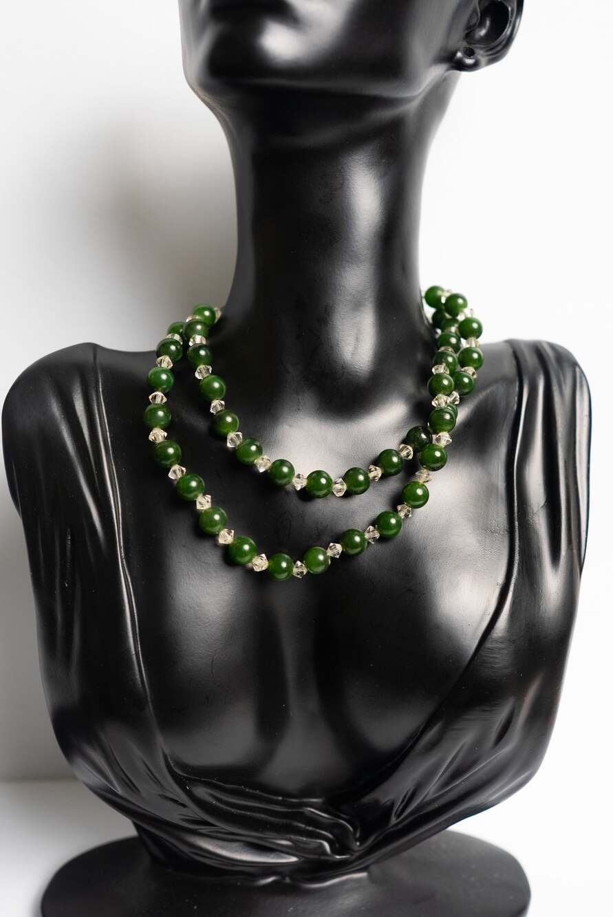 Vintage Green Jade Bead Necklace 23" Clear Crystal Bicone Spacer Spring Ring 45g
